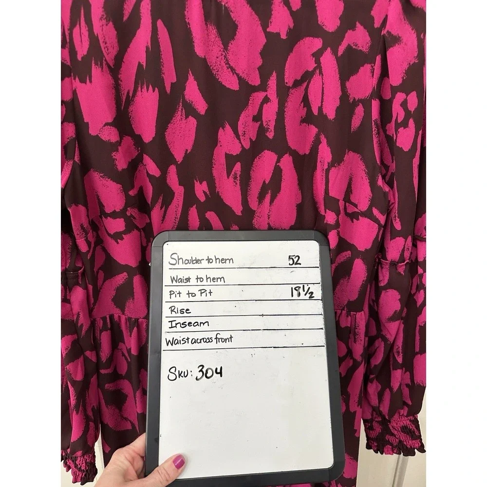 Who What Wear Midi Dress S Pink Brown Abstract Animal Print Long Sleeve Tiered - Picture 6 of 6